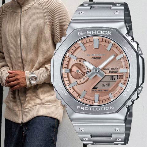 CASIO卡西歐 G-SHOCK 太陽能x藍牙連線 八角錶殼 金屬雙顯腕錶 44.4mm / GM-B2100AD-5A