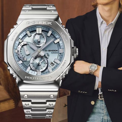 CASIO 卡西歐 G-SHOCK 太陽能藍芽 全金屬八角形三眼計時錶-淺藍 GMC-B2100AD-2A