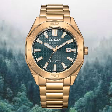 CITIZEN 星辰 GENTS 光動能 八角形 格紋錶盤 時尚男錶-金綠41mm BM7633-81X
