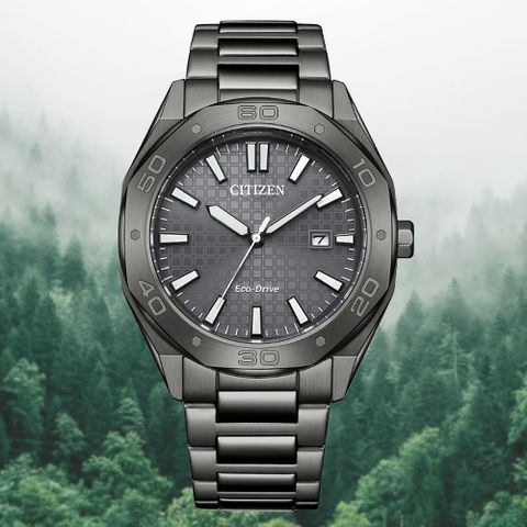 CITIZEN 星辰 GENTS 光動能 八角形 格紋錶盤 時尚男錶-全黑41mm BM7637-81H