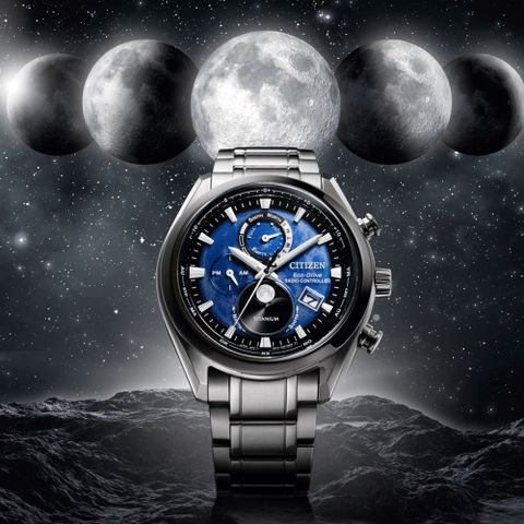CITIZEN 星辰錶 月相錶 光動能錶 電波錶 計時鈦金屬手錶 男錶 指針錶-43mm BY1010-81L