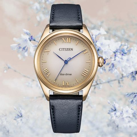 CITIZEN 星辰 L系列 光動能 球面藍寶石玻璃 淑女腕錶-皮錶帶 EM1143-14Z