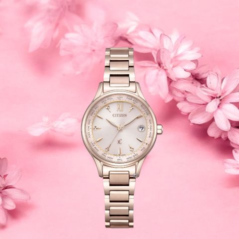 CITIZEN 星辰 xC 光動能錶 電波錶 鈦金屬 女錶 玫瑰金色-28mm EC1193-55X