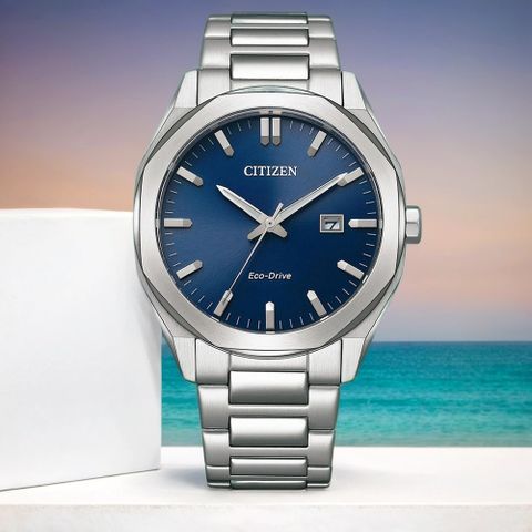 CITIZEN 星辰 光動能八角形經典大三針手錶-銀x藍/41mm(BM7600-81L)
