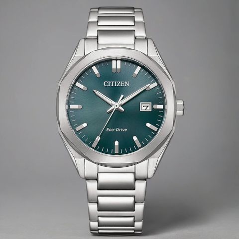 CITIZEN 星辰 限量 光動能八角形經典大三針手錶-銀x綠/38mm(BM7620-83X)