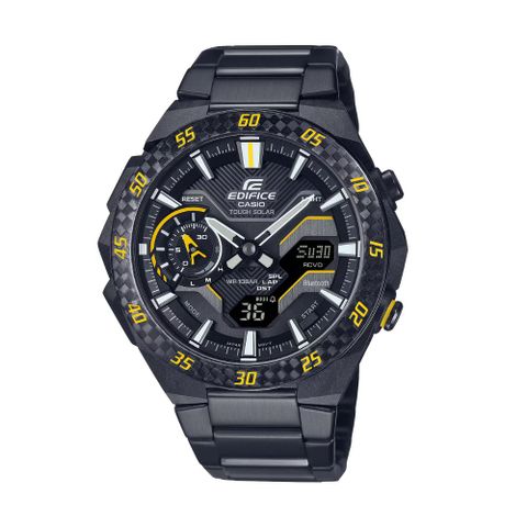 【CASIO 卡西歐】EDIFICE 藍牙 太陽能電力 黑x黃 俐落輕巧 碳纖維 賽車運動 ECB-2200RC-1A9_48.2mm