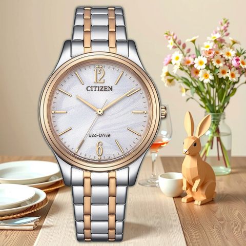 CITIZEN 星辰 光動能大三針時尚女錶-銀x玫瑰金/34mm EM0416-78A