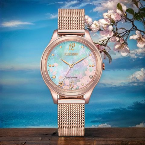 CITIZEN 星辰 母親節推薦款 櫻花限定 光動能時尚米蘭帶女錶-32mm(EM0508-80D)
