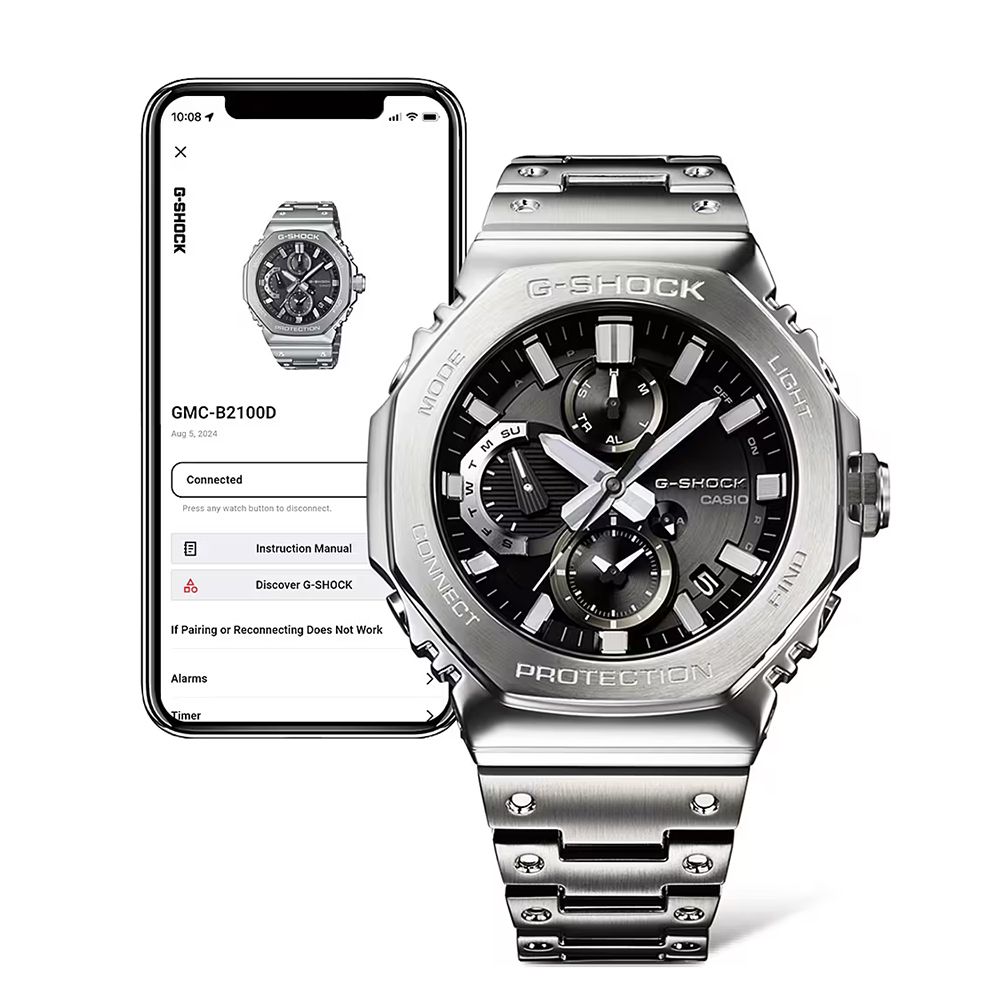 0:08 1SHOCKGSHOCKGMC-B2100DAug  2024ConnectedPress any watch button to disconnectInstruction ManualDiscover G-SHOCKIf Pairing or Reconnecting Does Not WorkAlarmsTimerMODEG-SHOCKM SUCONNECTG-SHOCKCASIOPROTECTIONLIGHTFIND