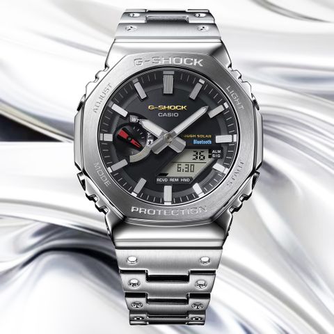 CASIO 卡西歐 G-SHOCK 全金屬 太陽能 藍芽 八角形 雙顯錶 GM-B2100SD-1C
