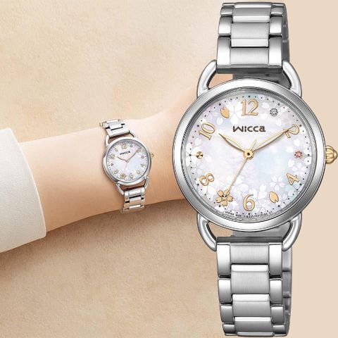 CITIZEN 星辰 Wicca 七夕情人節推薦款 櫻吹雪太陽能白蝶貝女錶 套錶-28mm KP6-014-21