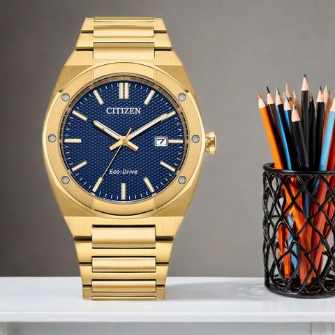 CITIZEN 星辰 父親節推薦款 光動能都會大三針手錶-金x藍 BM7662-59L