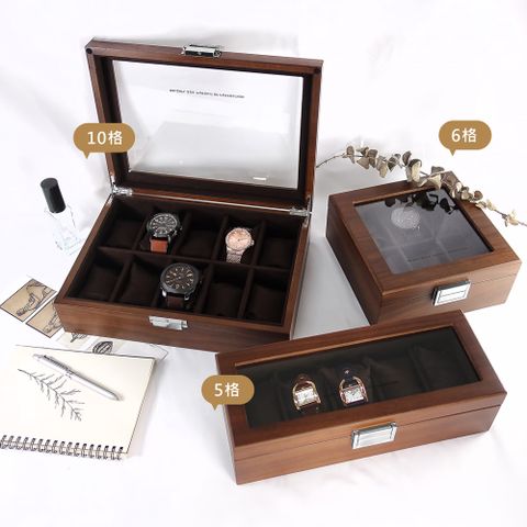 5格手錶收藏盒 配件收納 方型扣鎖 胡桃木皮 腕錶收藏盒 實木質感 - 棕色 ＃854-A05-WTDB