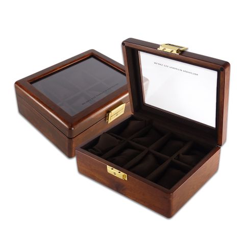 8格手錶收藏盒 配件收納 方型扣鎖 金絲柚木 腕錶收藏盒 實木質感-深棕色＃854-A08-LLWB816-DB