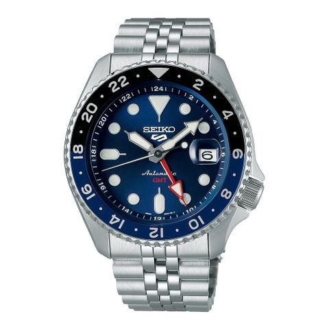 SEIKO 精工 5 SPORTS系列 暢遊世界GMT機械腕錶-銀X藍