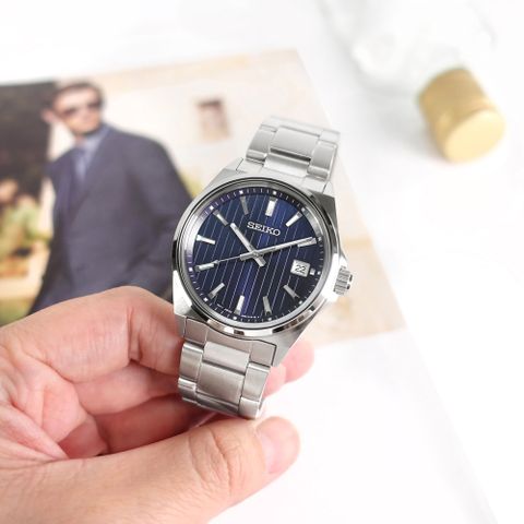 SEIKO 精工 / SBTH003 / 經典條紋 礦石強化玻璃 日期 防水100米 不鏽鋼手錶 藍色 40mm
