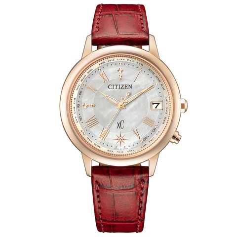 CITIZEN 星辰 xC 25週年 CB1105-02W 羅馬字 皮錶帶 鈦金屬 光動能 電波女錶 玫瑰金 36mm