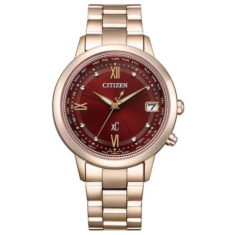 CITIZEN XC廣告款經典紅色魅力光動能電波對時鈦金屬不鏽鋼帶女錶36mm(CB1136-50W)
