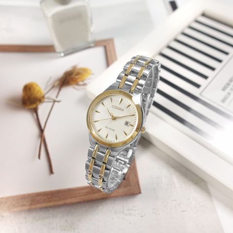 CITIZEN / EW2484-82B / 光動能 放射狀 日期 日本機芯 不鏽鋼手錶 白x鍍金 28mm