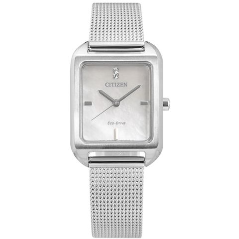 CITIZEN / EM0491-81D / 光動能 珍珠母貝 復古方形 米蘭編織不鏽鋼手錶 銀白色 23mm