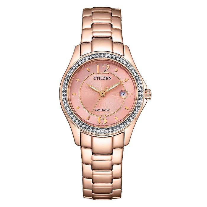 CITIZEN 星辰  Eco-Drive 典雅晶鑽 鋼錶帶 日期 光動能女錶 FE1252-82X 粉/玫瑰金 29mm