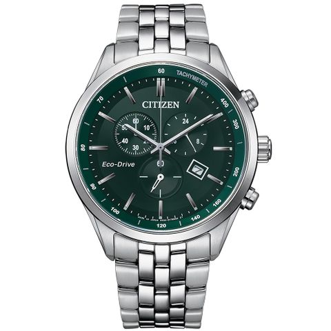 CITIZEN星辰GENTS領袖王Wilson光動能不鏽鋼帶錶款-42mm綠色AT2149-85X
