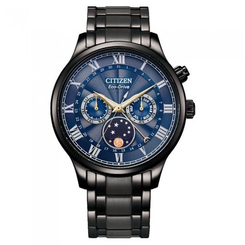 CITIZEN 星辰 GENTS經典月相盈虧藍寶石光動能黑鋼帶男錶-月相錶42mm(AP1055-87L)藍黑鋼