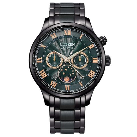 CITIZEN 星辰 GENTS經典月相盈虧藍寶石光動能黑鋼帶男錶-月相錶42mm(AP1055-87X)綠黑鋼