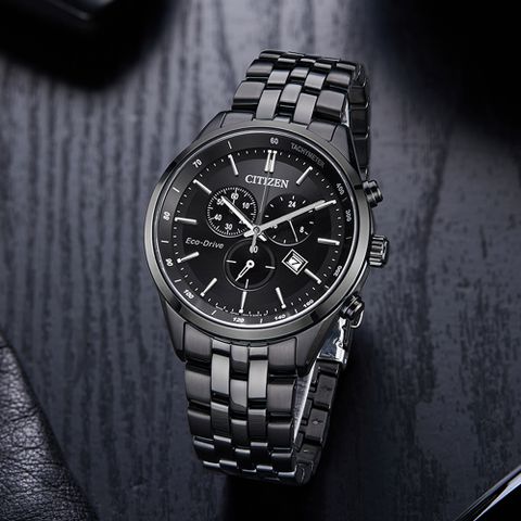CITIZEN 星辰 光動能復古風計時手錶-急速黑 AT2145-86E