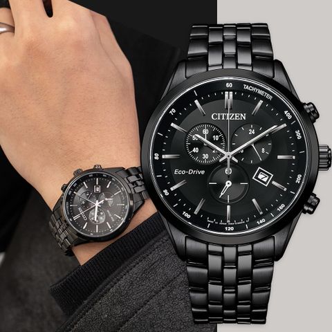 CITIZEN 星辰 光動能復古風計時手錶-急速黑 AT2145-86E