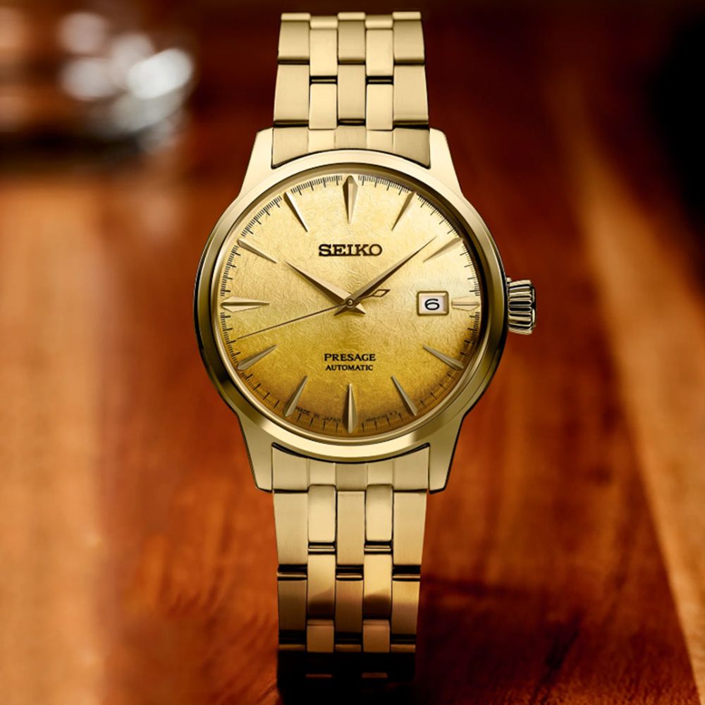 SEIKO 精工 PRESAGE 調酒師 啤酒雞尾酒 金色漸層 機械腕錶 父親節 禮物 送禮 推薦 (4R35-01T0Q/SRPK46J1)