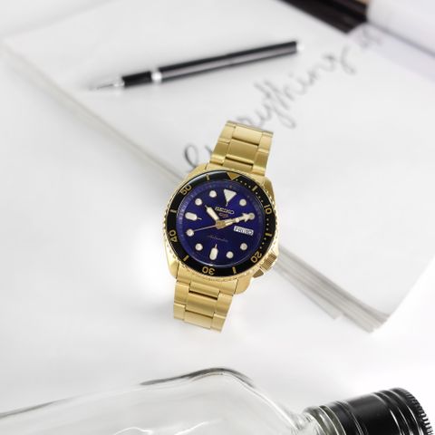 SEIKO 精工 / SRPK20 / 5 Sports 機械錶 星期日期 防水100米 日本製造 藍x鍍金 42mm