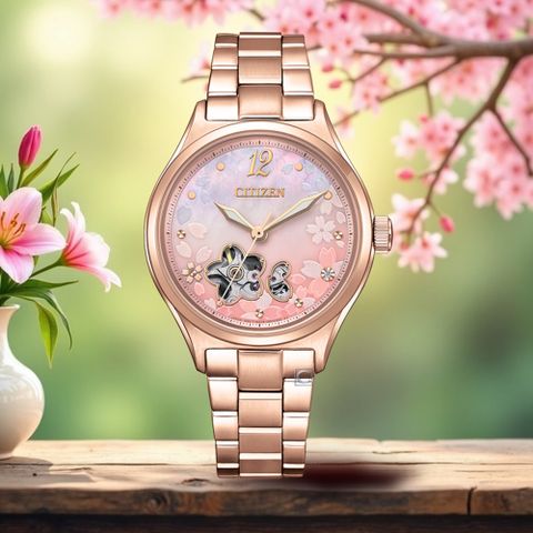 CITIZEN 星辰錶 Lady 亞洲限定款 櫻雨紛飛機械錶 女錶 手錶-PC1017-88Y/34mm