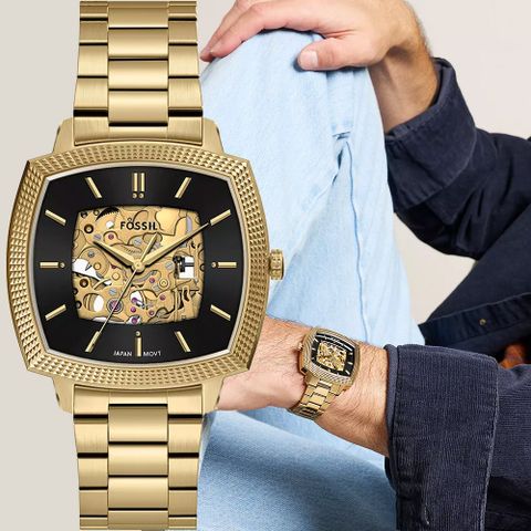 FOSSIL x Nick Jonas 聯名 Machine Luxe系列 方形鏤空機械錶-金x黑/40mm LE1218