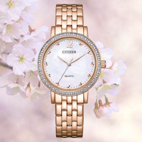 CITIZEN 星辰 LADYS 輕奢水晶鑽 白蝶貝 玫瑰金淑女石英錶 EL3108-53D