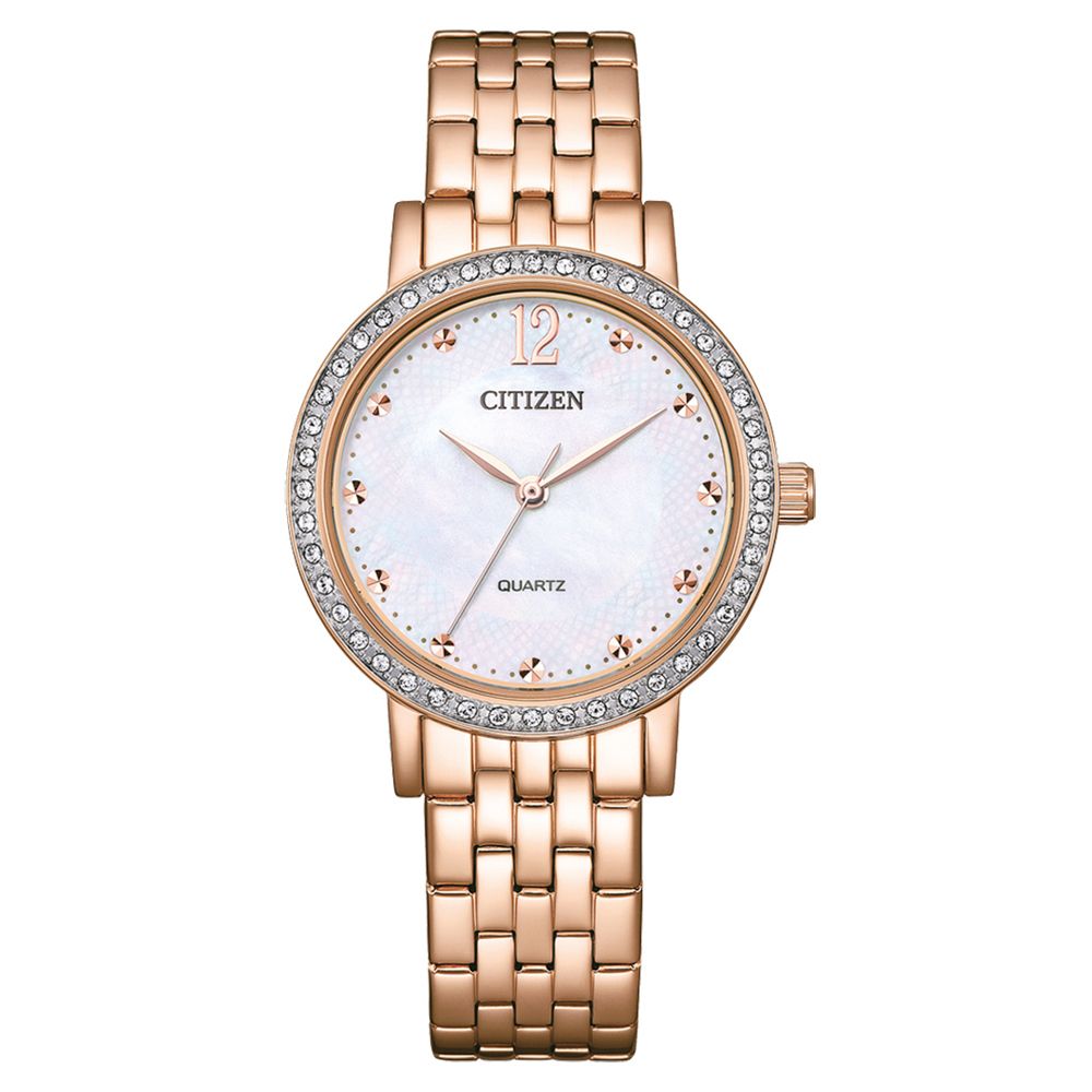 CITIZEN 星辰 LADYS 輕奢水晶鑽 白蝶貝 玫瑰金淑女石英錶 EL3108-53D