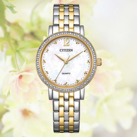 CITIZEN 星辰 LADYS 輕奢水晶鑽 白蝶貝 淡金淑女石英錶 EL3104-54D