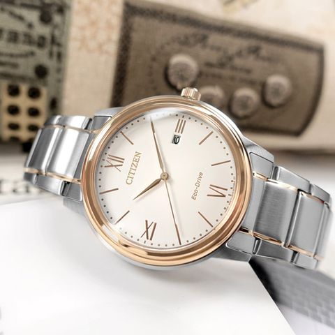 CITIZEN / AW1676-86A / 光動能 簡約時尚 日期 防水100米 不鏽鋼手錶 白x鍍玫瑰金 41mm