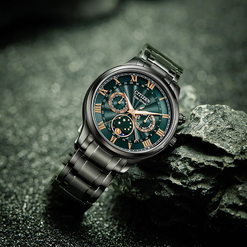 CITIZEN 星辰 GENTS光動能經典羅馬月相錶/綠X黑/42mm/AP1055-87X