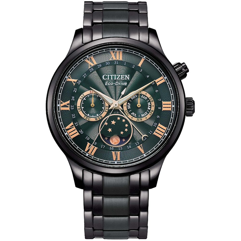 CITIZEN 星辰 GENTS光動能經典羅馬月相錶/綠X黑/42mm/AP1055-87X