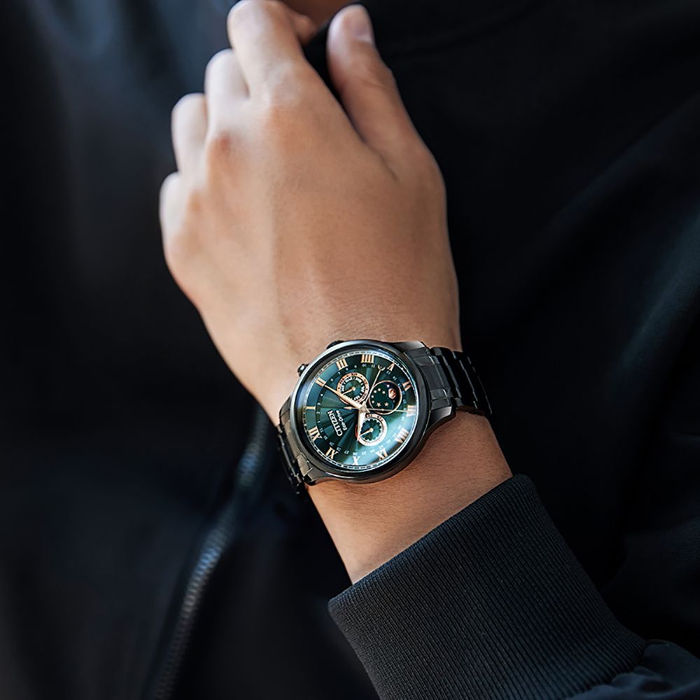 CITIZEN 星辰 GENTS光動能經典羅馬月相錶/綠X黑/42mm/AP1055-87X