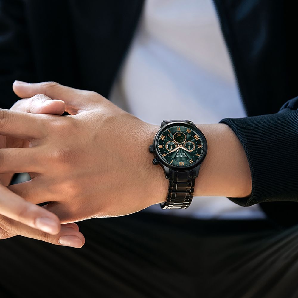 CITIZEN 星辰 GENTS光動能經典羅馬月相錶/綠X黑/42mm/AP1055-87X