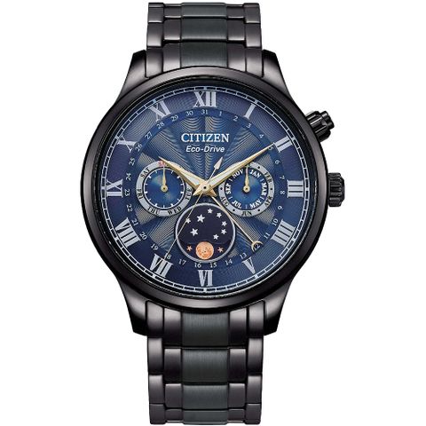 CITIZEN 星辰 GENTS光動能經典羅馬月相錶/藍X黑/42mm/AP1055-87L