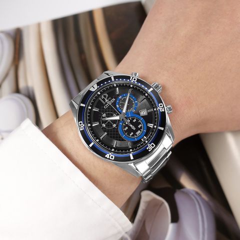 CITIZEN / VO10-6741F / 光動能 三眼計時 日期 防水100米 不鏽鋼手錶 黑藍色 40mm