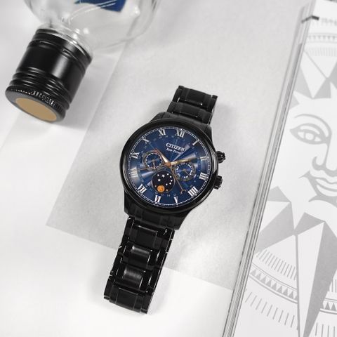 CITIZEN / AP1055-87L / 光動能 月相錶 羅馬刻度 藍寶石水晶玻璃 不鏽鋼手錶 藍x鍍黑 42mm
