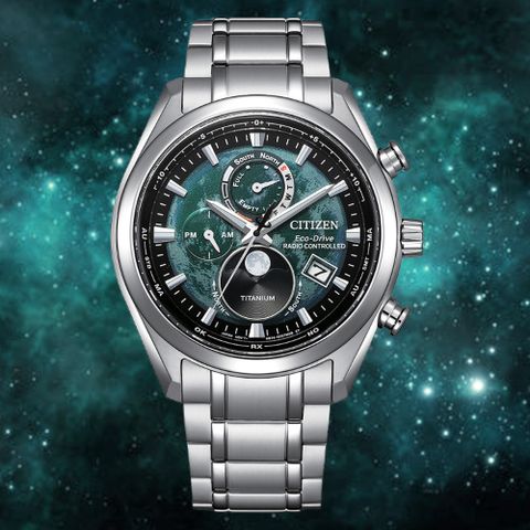 CITIZEN 星辰 GENTS 光動能 月相盈虧 電波對時 輕量鈦金屬腕錶-綠 BY1010-81X