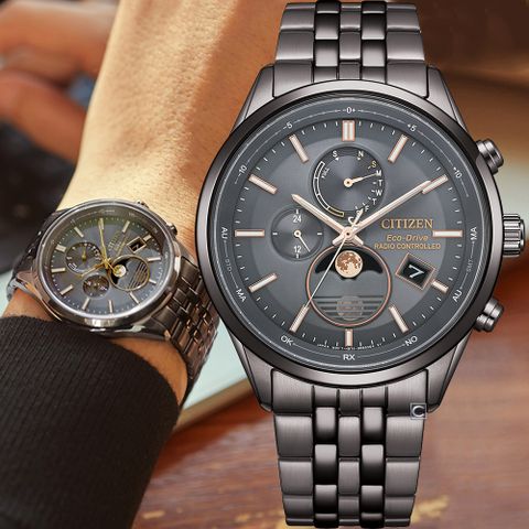 CITIZEN 星辰 曜月 計時月相電波錶 男錶 手錶-42mm灰 BY1037-51H