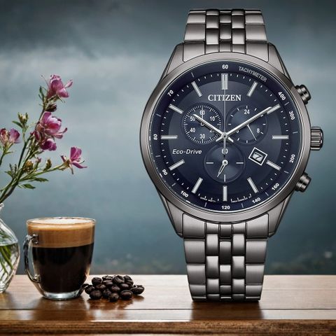 CITIZEN 星辰 亞洲限定款 海軍藍 光動能三眼計時手錶-42mm AT2577-57L