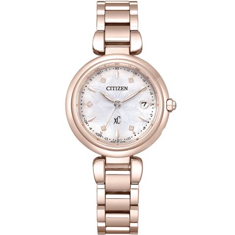 CITIZEN 星辰 xC 水耀光．雪花限量款光動能鈦金屬電波錶/櫻花粉紅金/29mm/ES9467-71Y