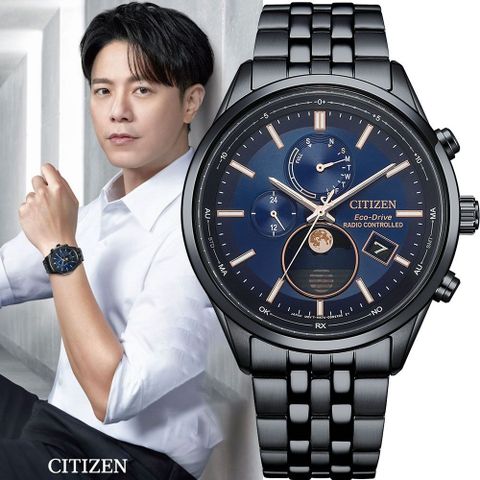 CITIZEN 星辰 廣告款 光動能電波萬年曆月相手錶 BY1035-56L